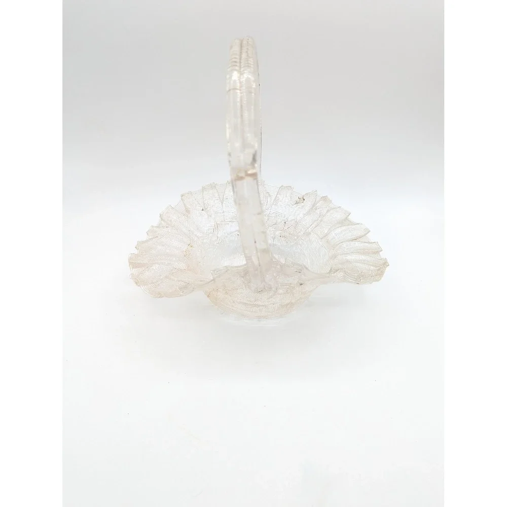 Vintage Clear Spun Glass Ruffled Basket Arched Handle Centerpiece Decor 8.5